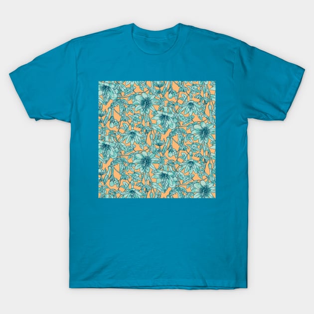 Yellow and Turquoise Passion Fruit Flowers T-Shirt by Carolina Díaz